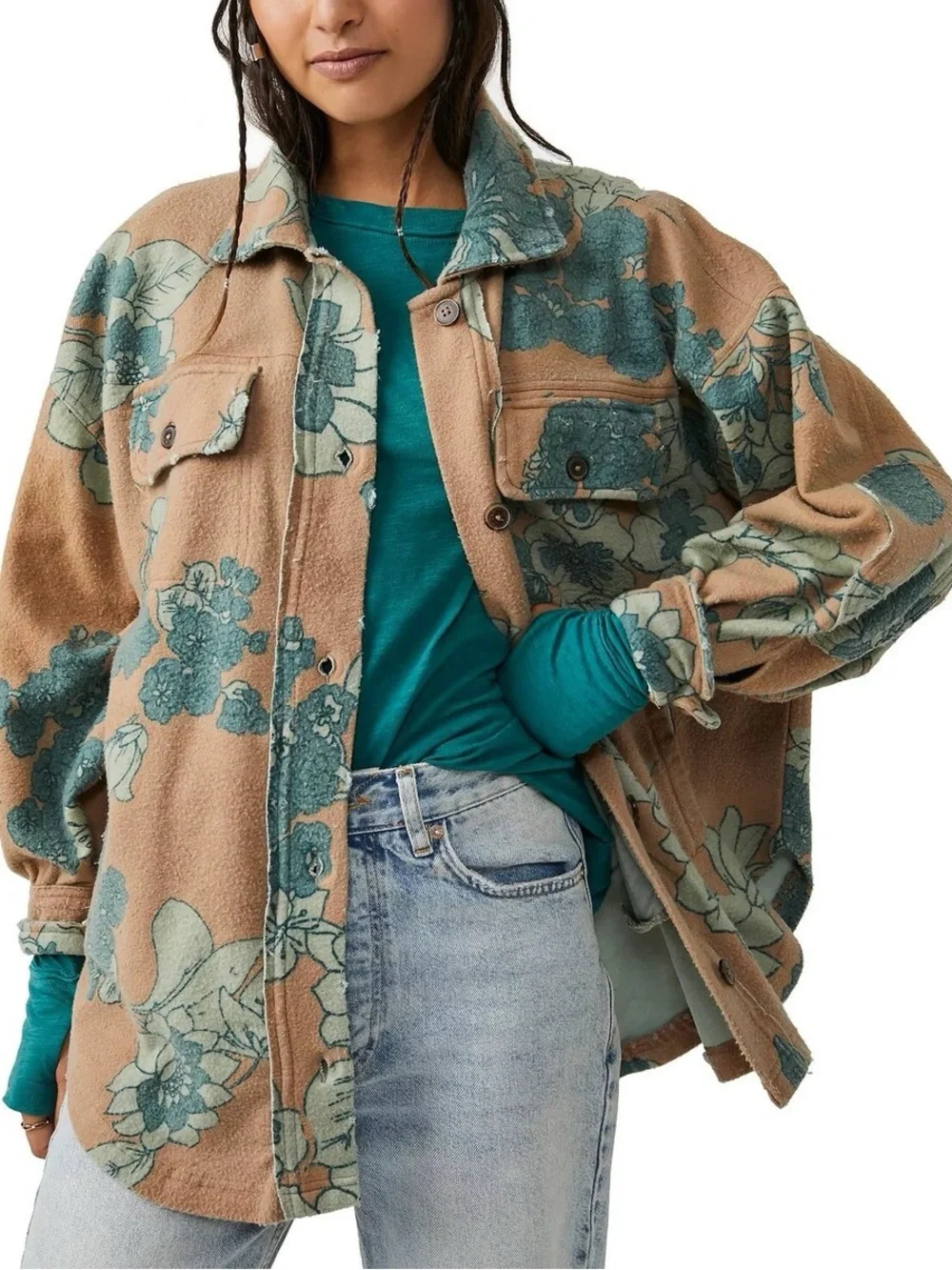 Free People Floral Teddy Shacket - Tan & Teal
